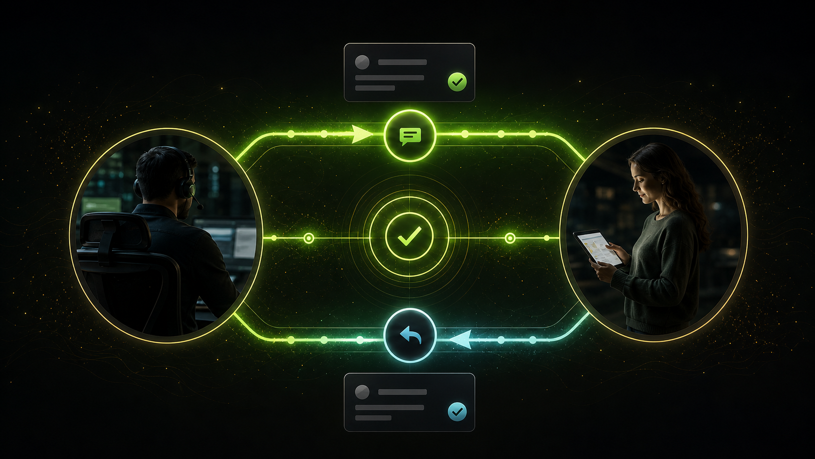 Customer message and reply traveling through one connected workflow loop
