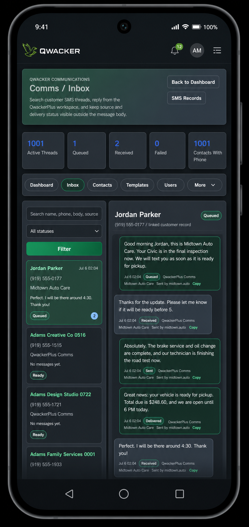 QwackerPlus mobile inbox preview