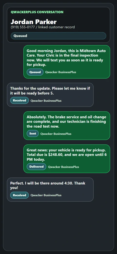 A connected customer conversation moving through a Qwacker workflow